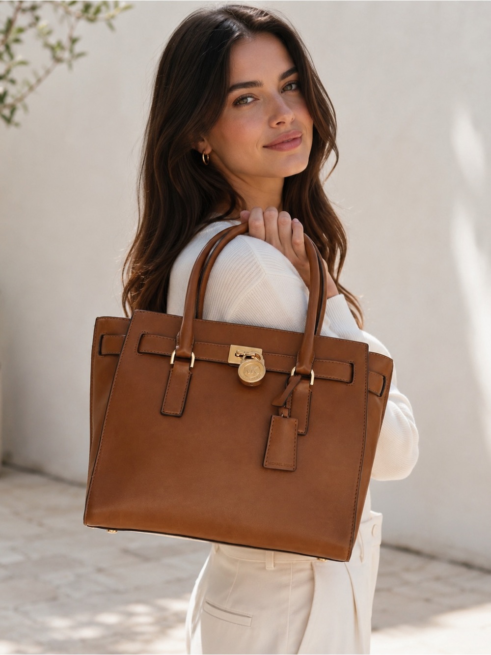 Michael Kors Hamilton Leather Satchel Handbag in Camel with Gold Hardware